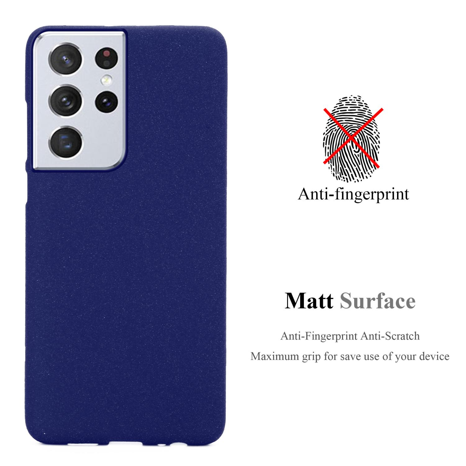 Custodia blu per telefono con telefono all'interno. Testo: Anti-impronte, superficie opaca. Nessuna impronta. Sfondo bianco.