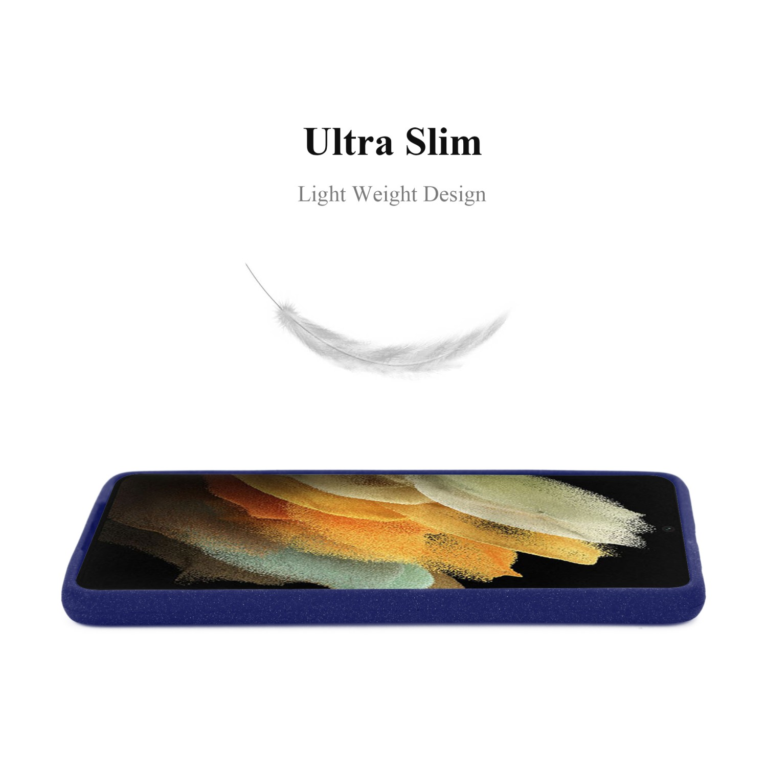 Una custodia per telefono blu con un telefono all'interno e una piuma che fluttua sopra, con uno sfondo bianco.