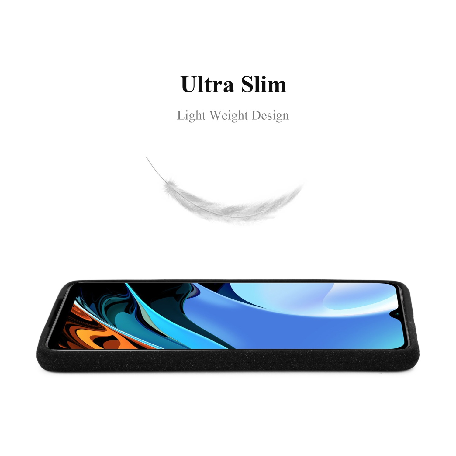 Custodia per telefono nera, capovolta su sfondo bianco. Viene menzionato il design leggero.