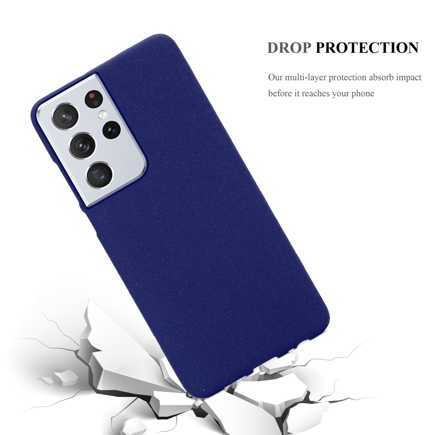 Custodia blu per telefono, con ritagli per fotocamera, è angolata. Le crepe emanano dal basso.
