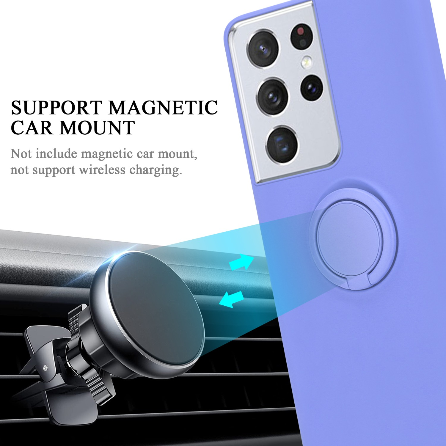 Lila Handyhülle mit magnetischer Autohalterung und Lüftungsschlitzklemme. Text: Magnetische Autohalterung unterstützen.