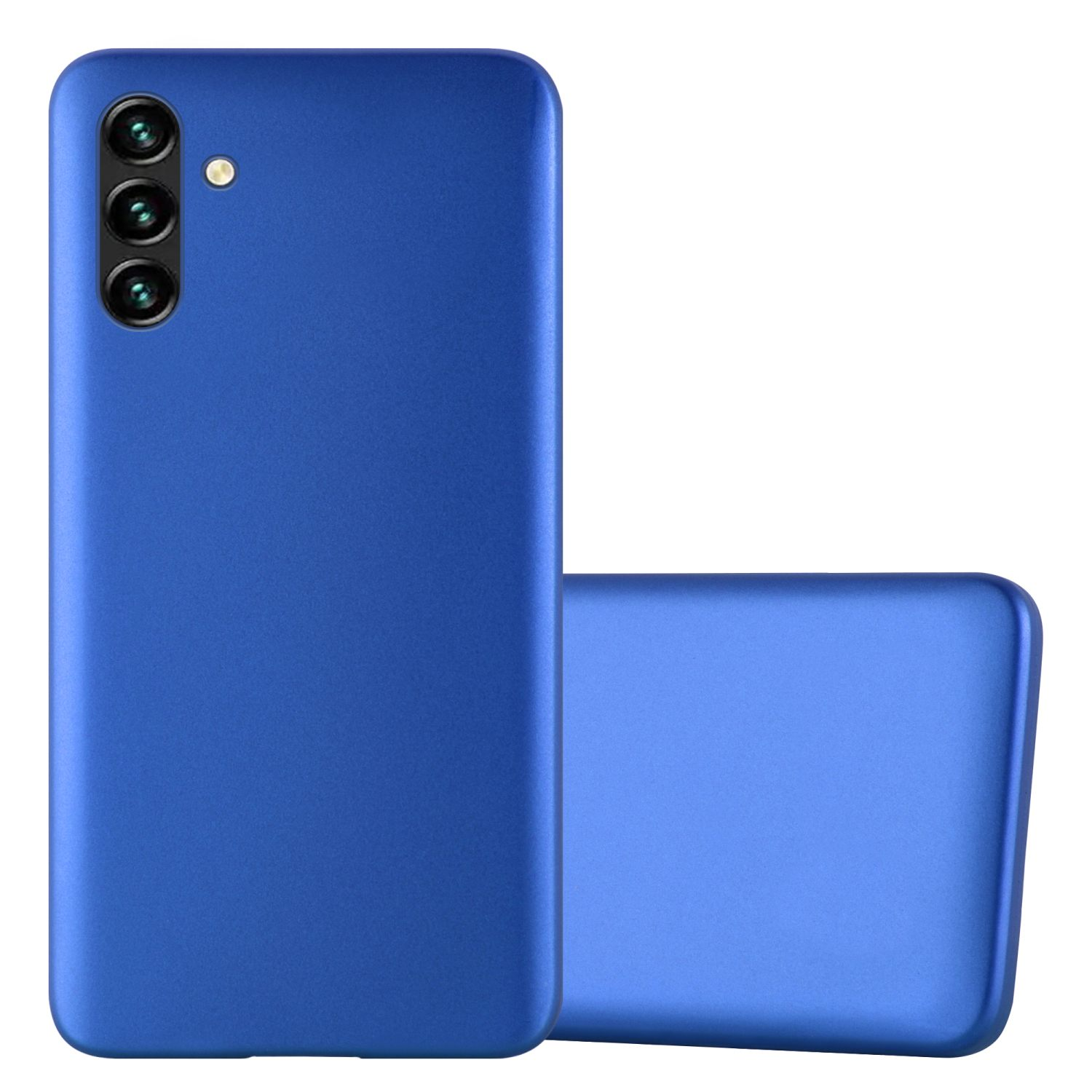 Custodia blu per telefono. Due custodie mostrate, una in piedi e una piatta. Il colore è blu pieno.