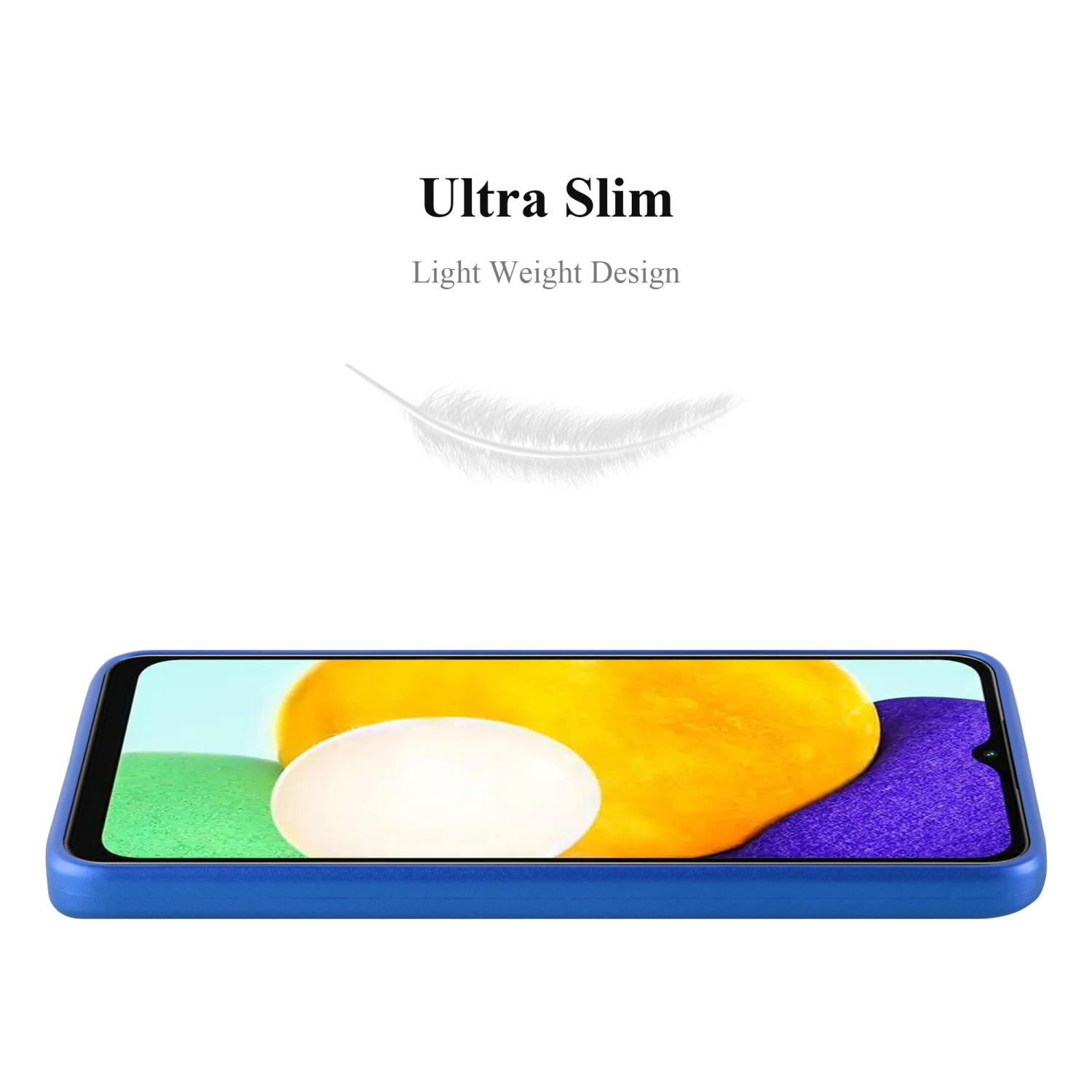 Custodia per telefono blu, con una grafica di piuma e il testo 'Ultra Slim'.