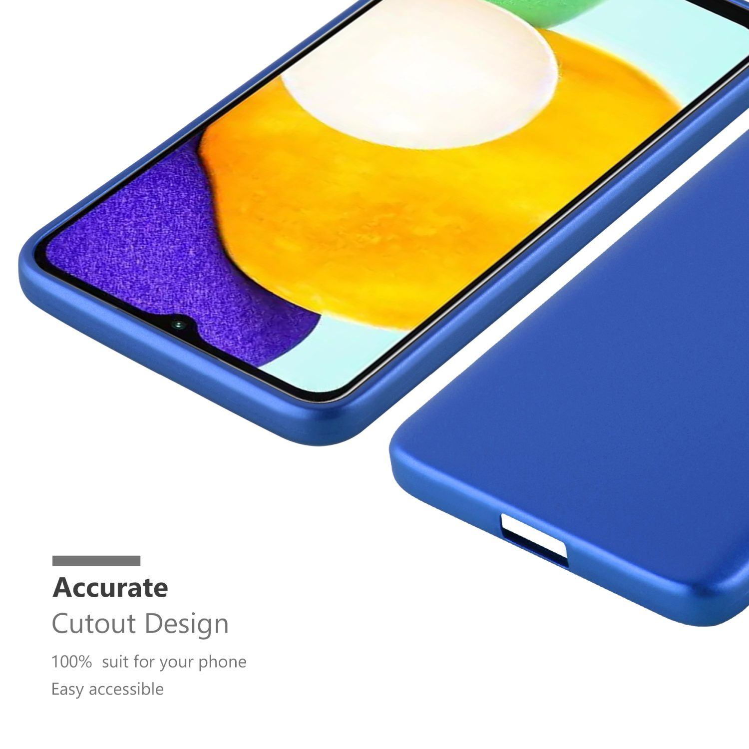 Un telefono blu con una custodia blu. Testo: Design di ritaglio accurato.