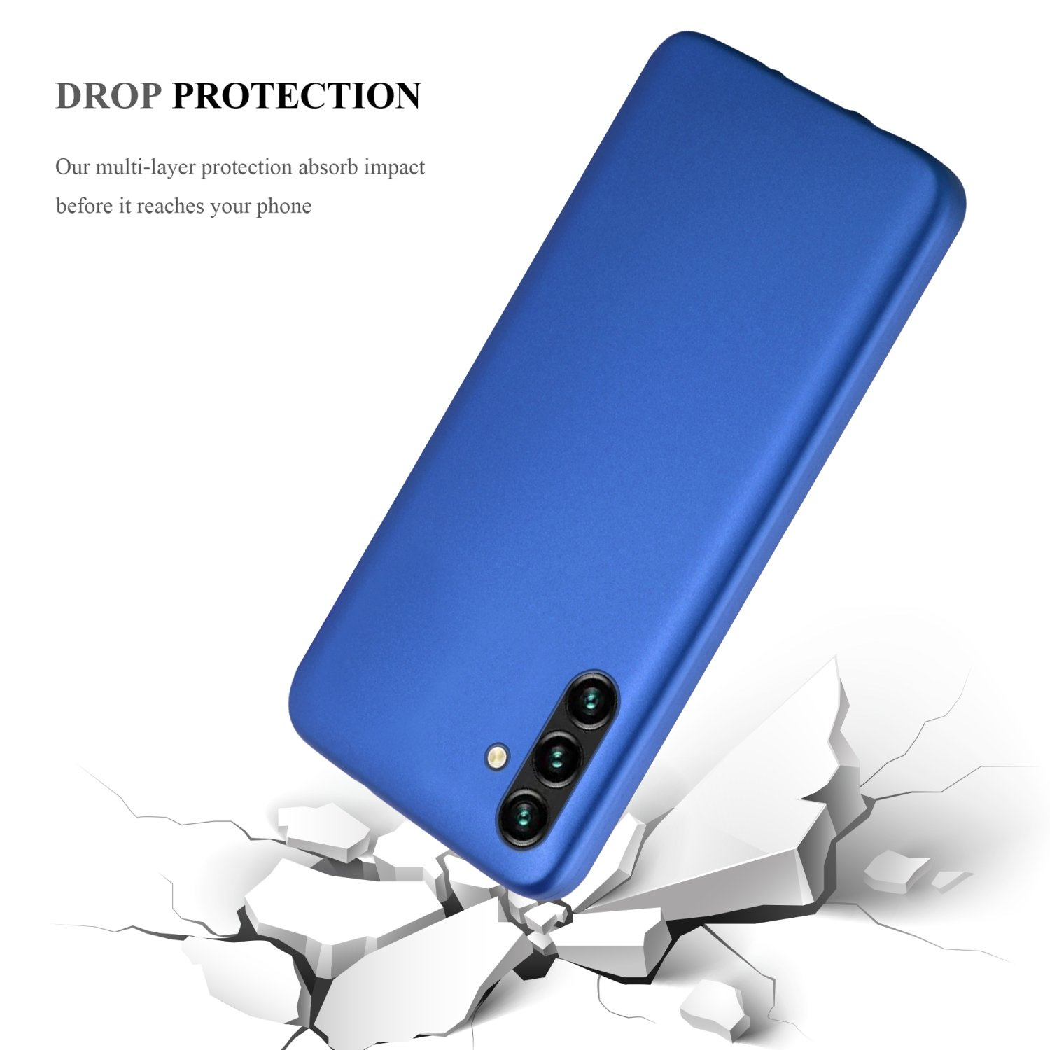 Una custodia blu per telefono che cade e rompe una superficie. Le fotocamere del telefono sono visibili.