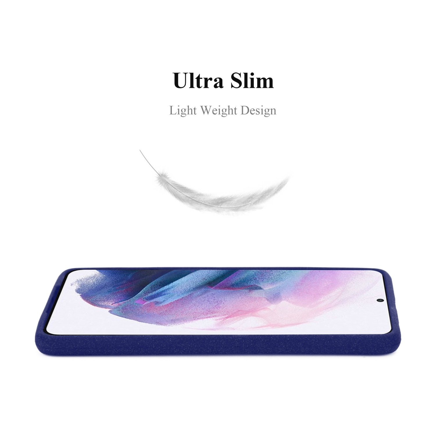 Custodia blu per telefono con telefono all'interno e il testo 'Ultra Slim'.