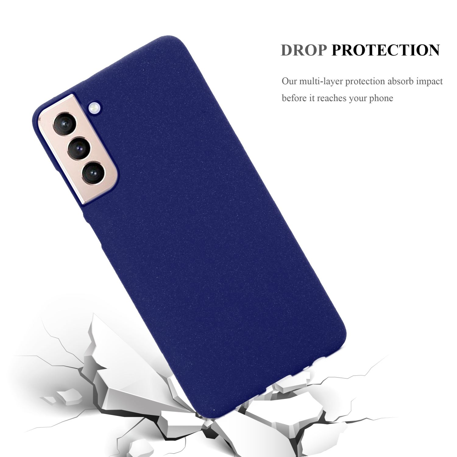 Custodia blu con telefono, pavimento incrinato. Il testo dice 'Protezione dalle cadute'.