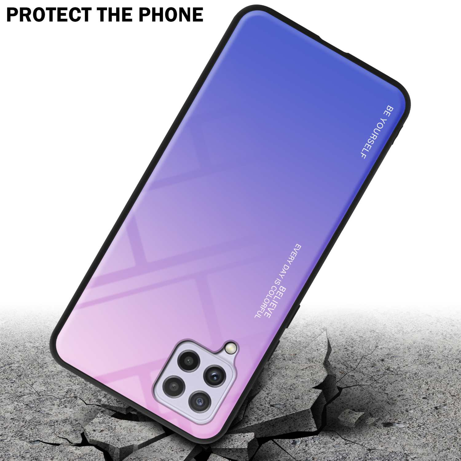 Una custodia per telefono con colore sfumato su cemento incrinato. In alto, le parole 'PROTECT THE PHONE'.