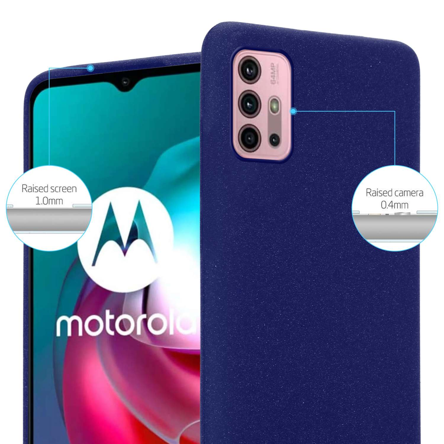 Custodia per telefono blu con telefono all'interno, evidenziando le aree rialzate dello schermo e della fotocamera.