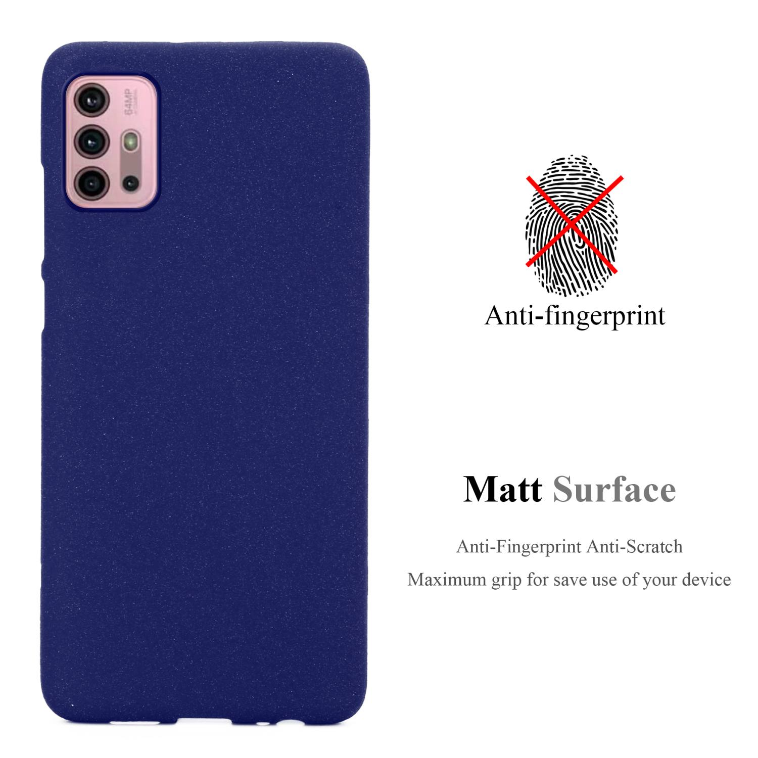 Custodia per telefono blu scuro, con un telefono all'interno. Descrizione della superficie opaca. Icona dell'impronta digitale con una croce.