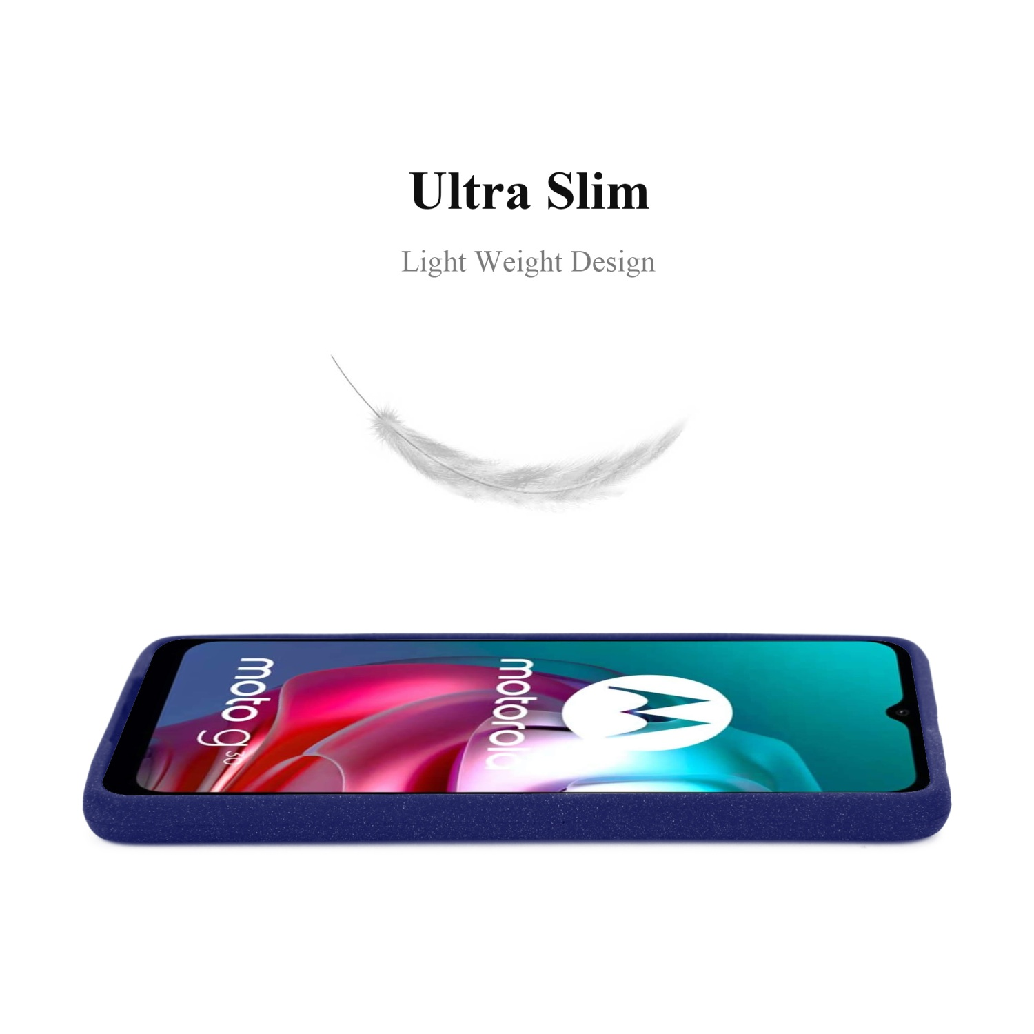 Una custodia blu navy con il telefono all'interno. Una piuma bianca fluttua nell'aria.