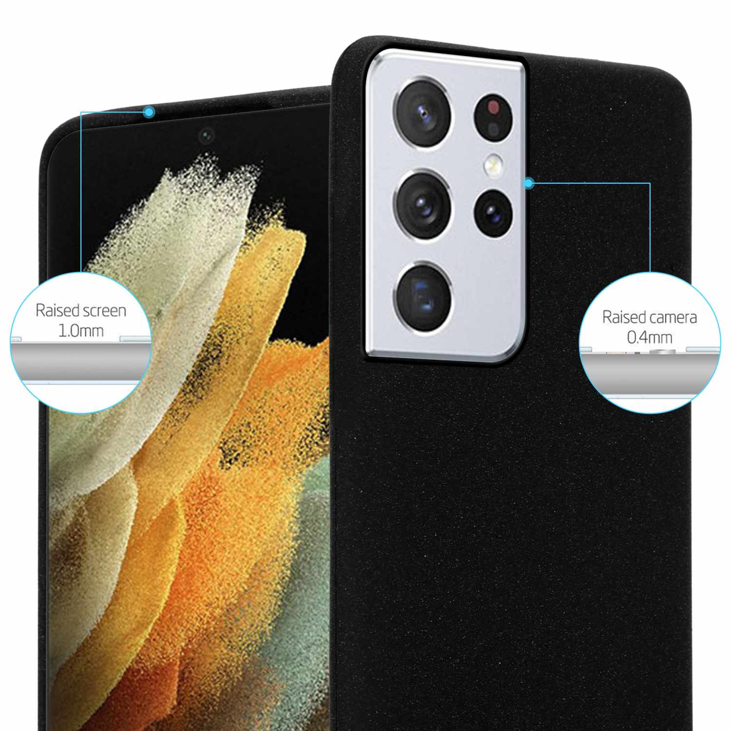 Primo piano di una custodia nera per telefono con schermo e protezione fotocamera rialzati. Mostra i dettagli e le dimensioni.