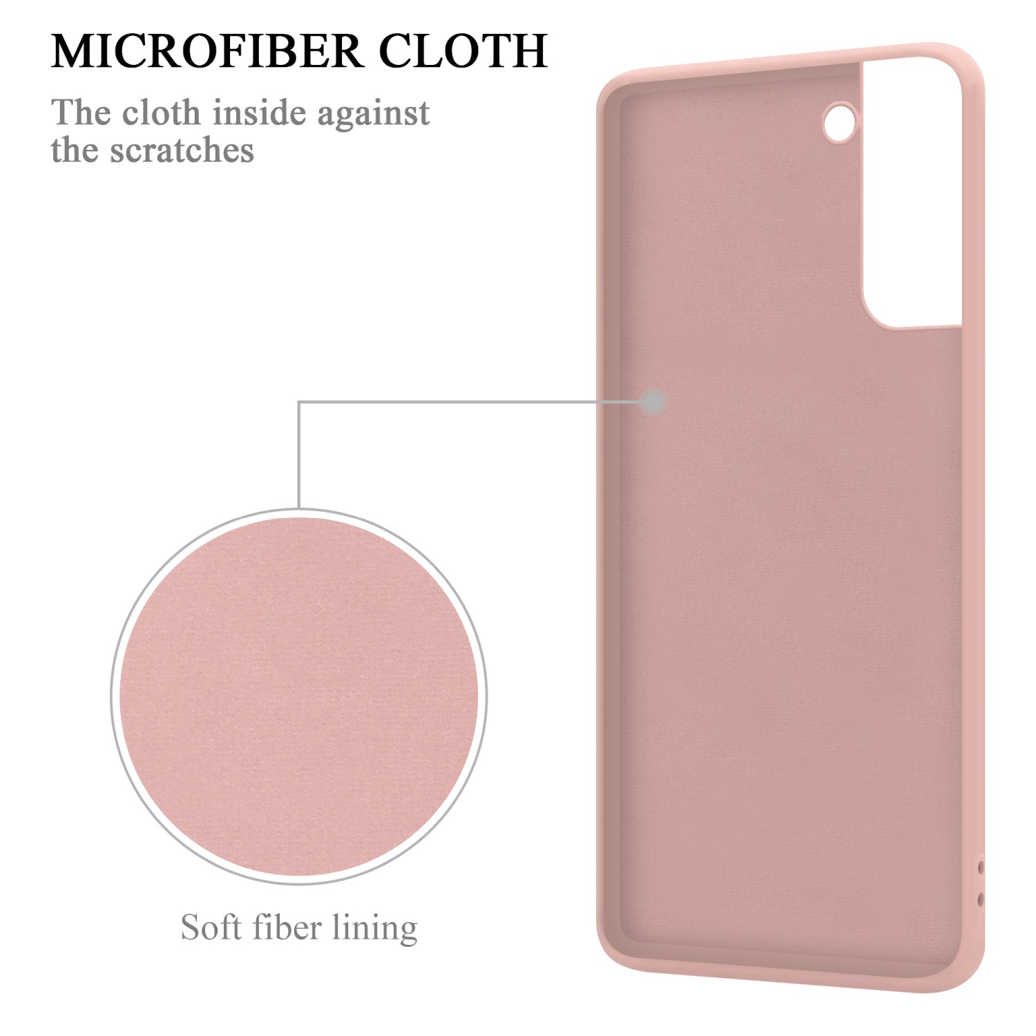Una custodia rosa che mostra un panno in microfibra all'interno. Un cerchio mostra il rivestimento in fibra.