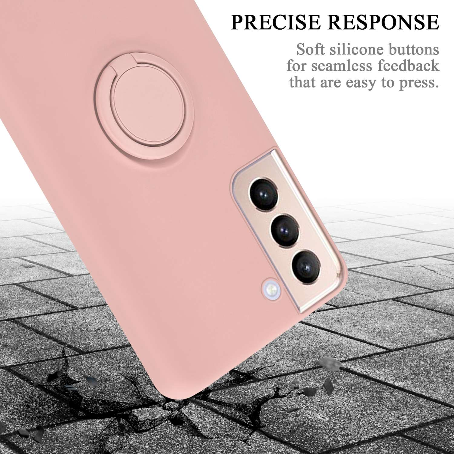Telefono rosa su una superficie. Testo risposta precisa e supporto ad anello visibili.