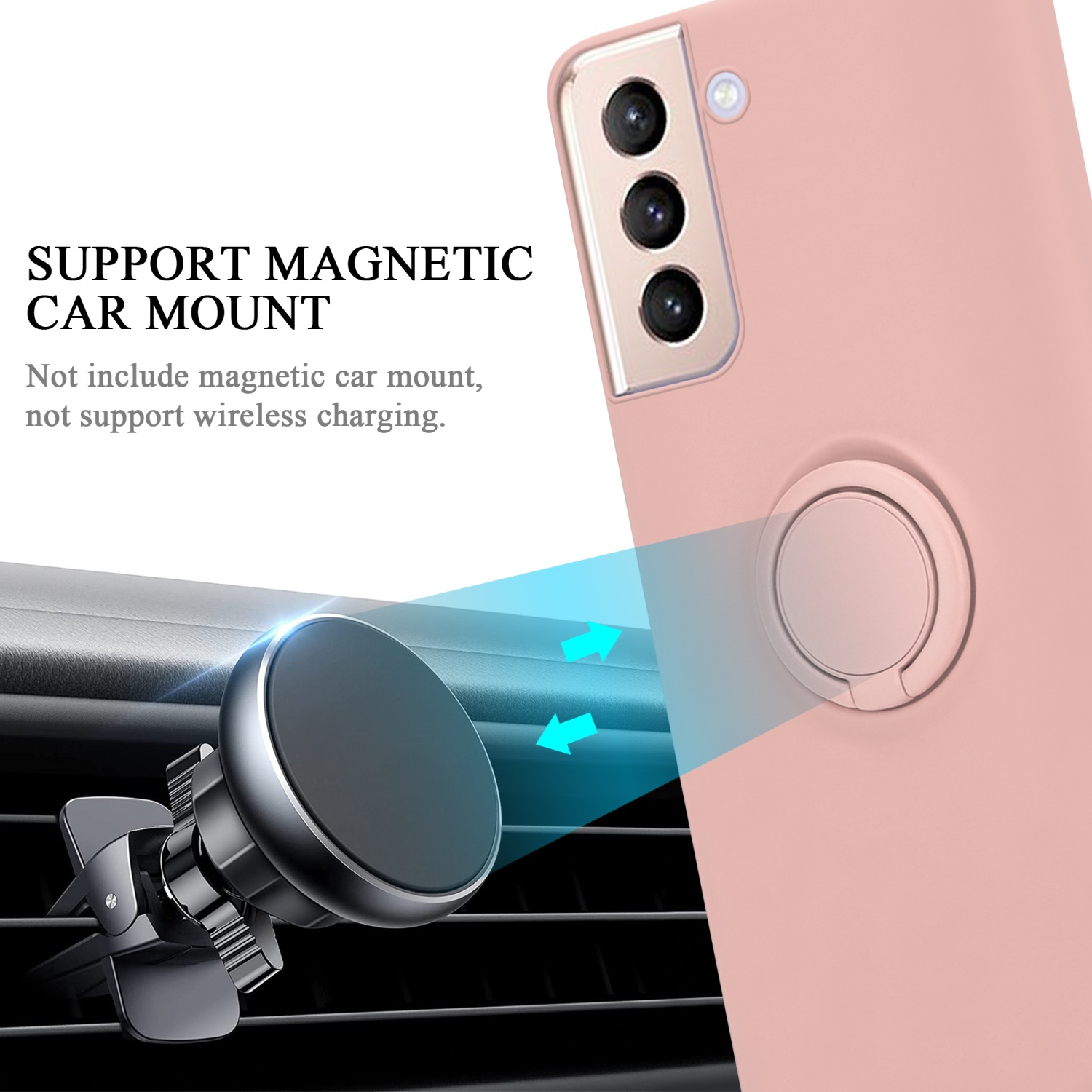 Custodia rosa con supporto ad anello, vicino a bocchetta auto e supporto nero.