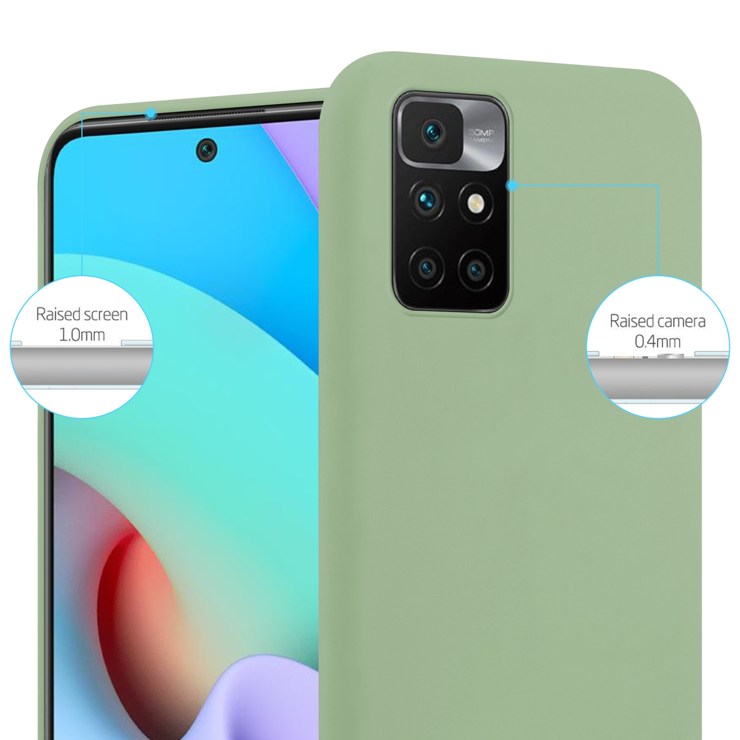 Custodia per telefono verde, schermo e fotocamera rialzati. Il testo mostra l'altezza dello schermo e della fotocamera.
