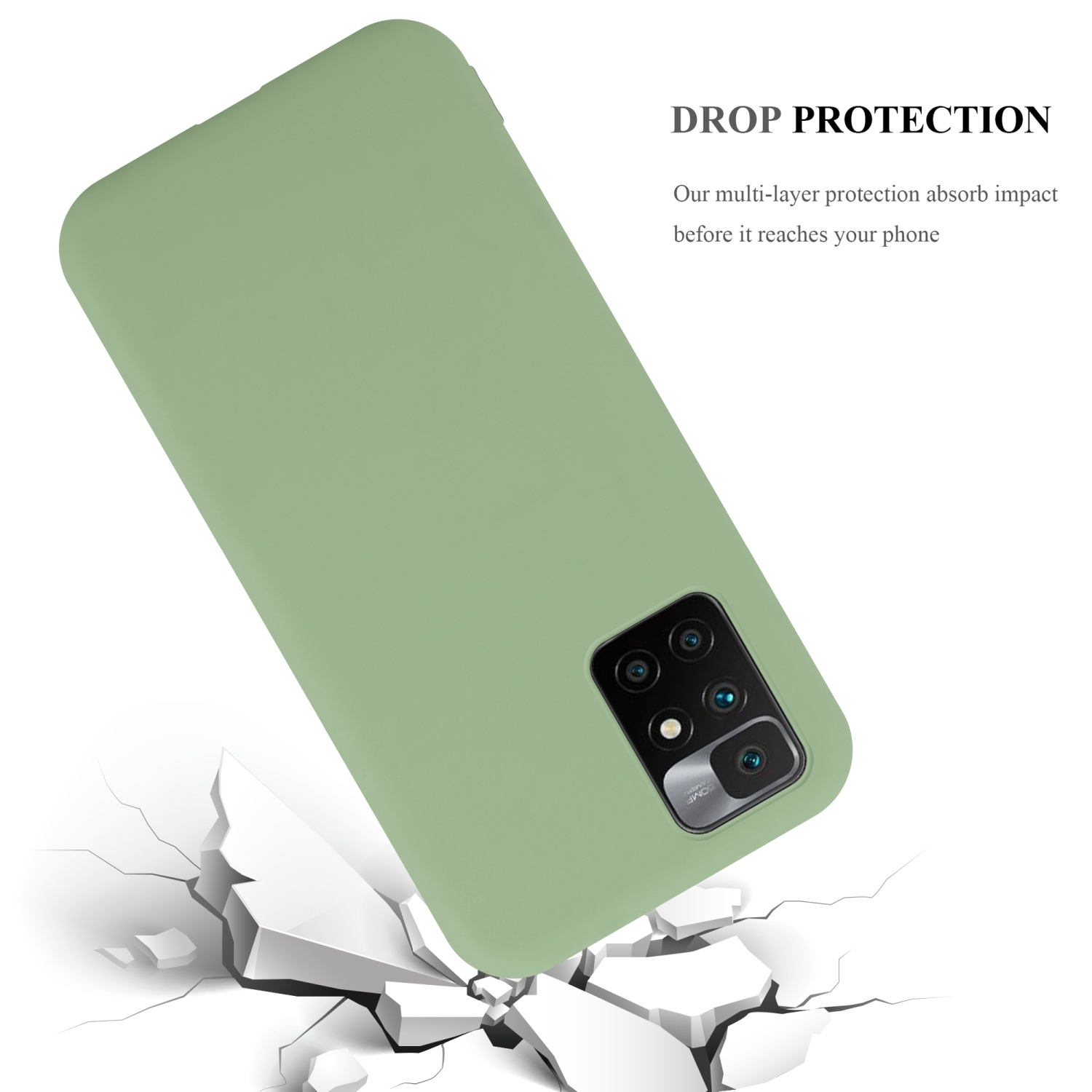 Custodia per telefono verde che cade. La custodia ha tre obiettivi. È visibile un terreno bianco crepato.