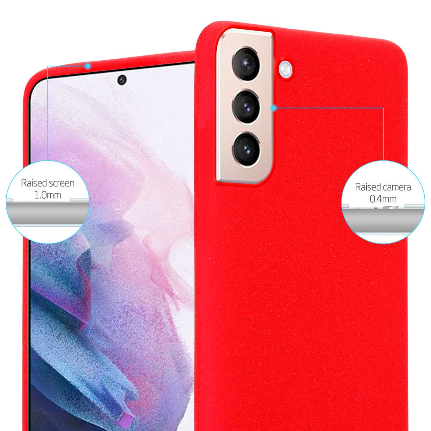 Una custodia per telefono rossa. Mostra uno schermo e una fotocamera rialzati con misure.