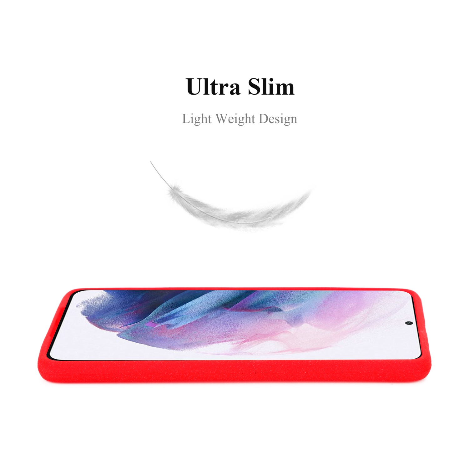 Custodia per telefono rossa su sfondo bianco con una piuma che fluttua sopra, design ultra sottile.