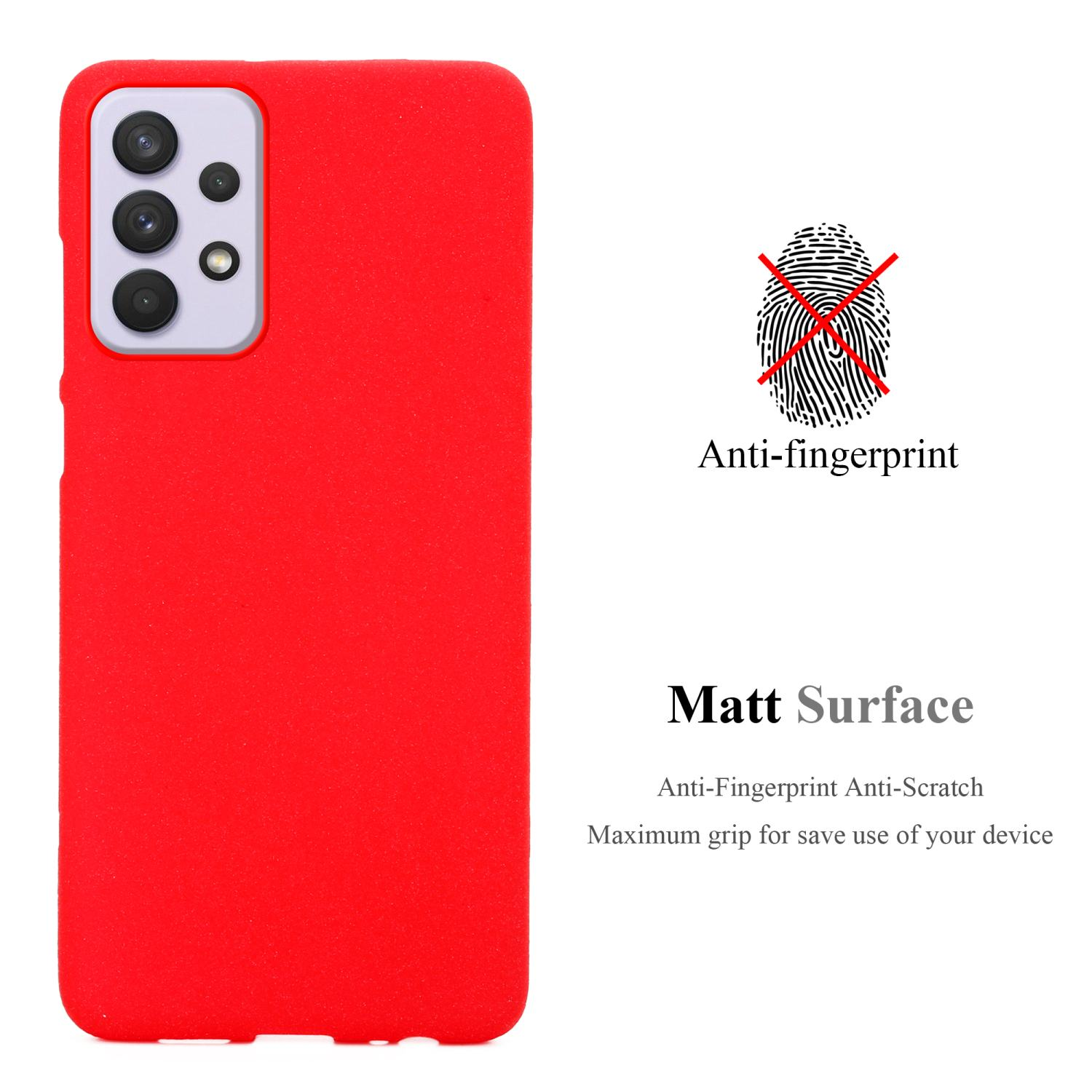Rote Handyhülle, Anti-Fingerprint. Zeigt eine rote Hülle mit dem Kamera-Layout des Telefons.