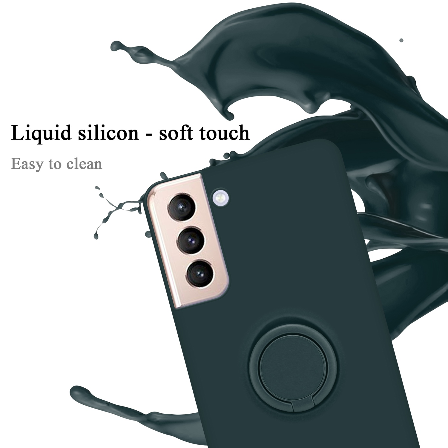 Telefono in custodia verde scuro con supporto ad anello. Testo: Silicone liquido - tocco morbido. Facile da pulire.