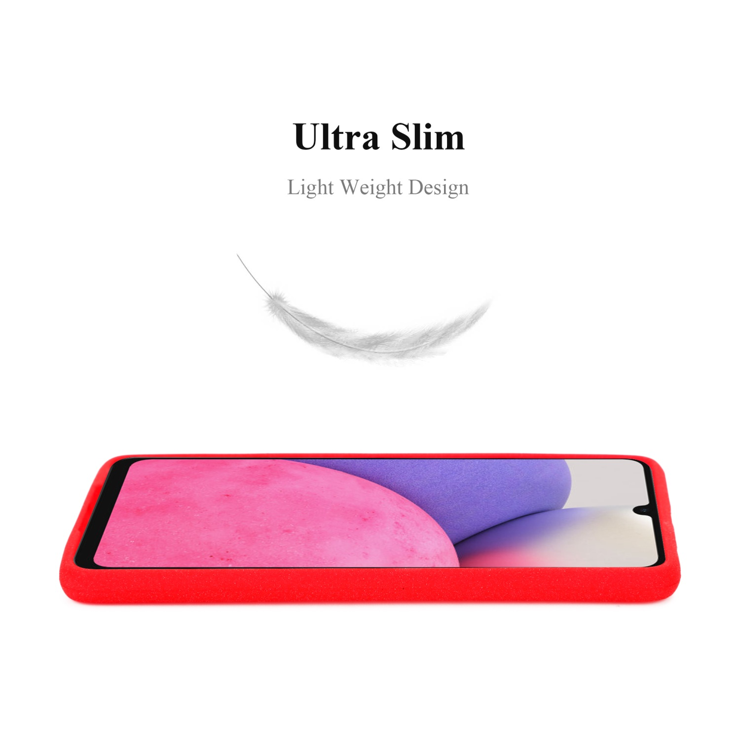 Telefon in roter Hülle. Text: Ultra Slim, Light Weight Design. Eine Feder darüber.