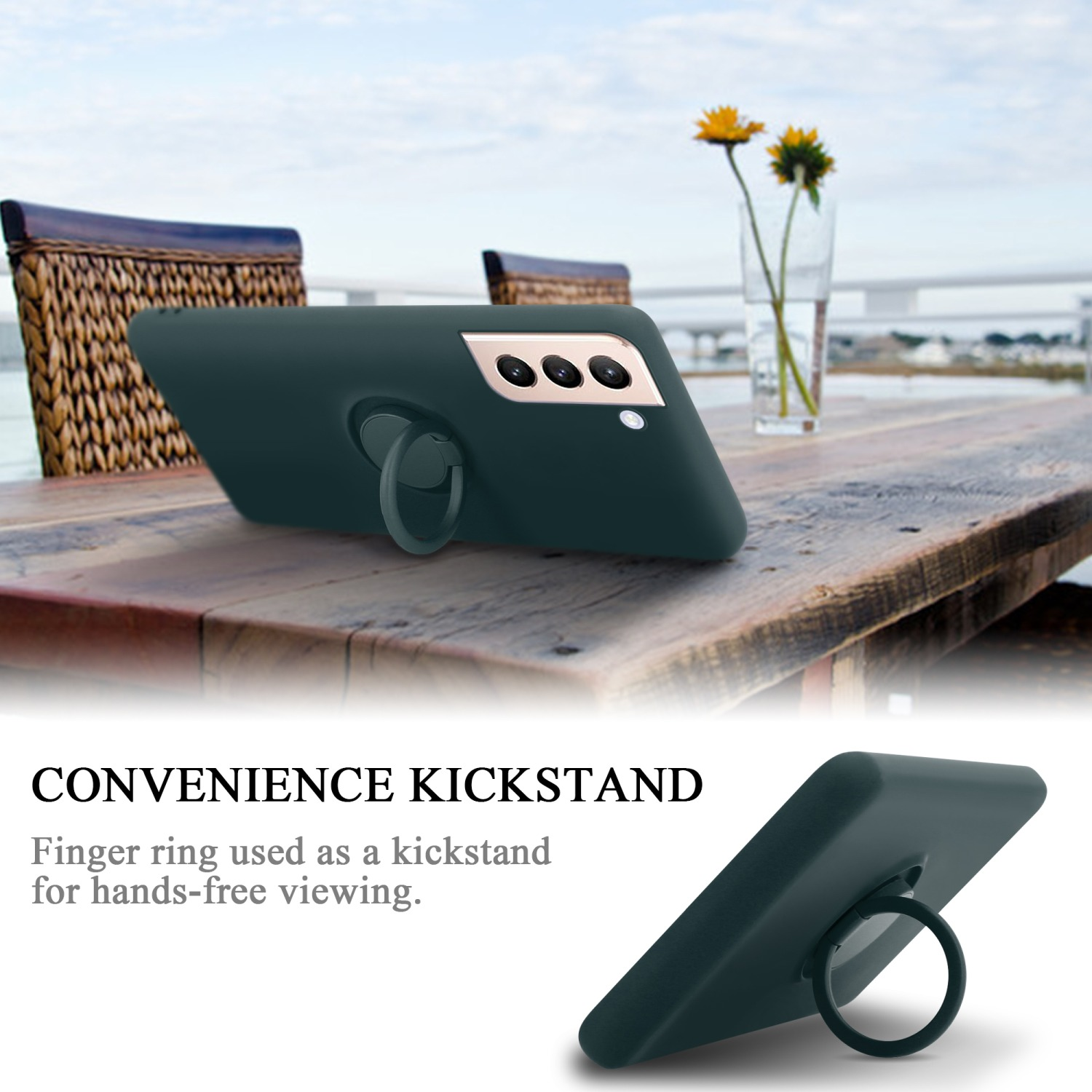 Custodia per telefono verde scuro con anello di supporto. Un tavolo di legno con fiori sullo sfondo.