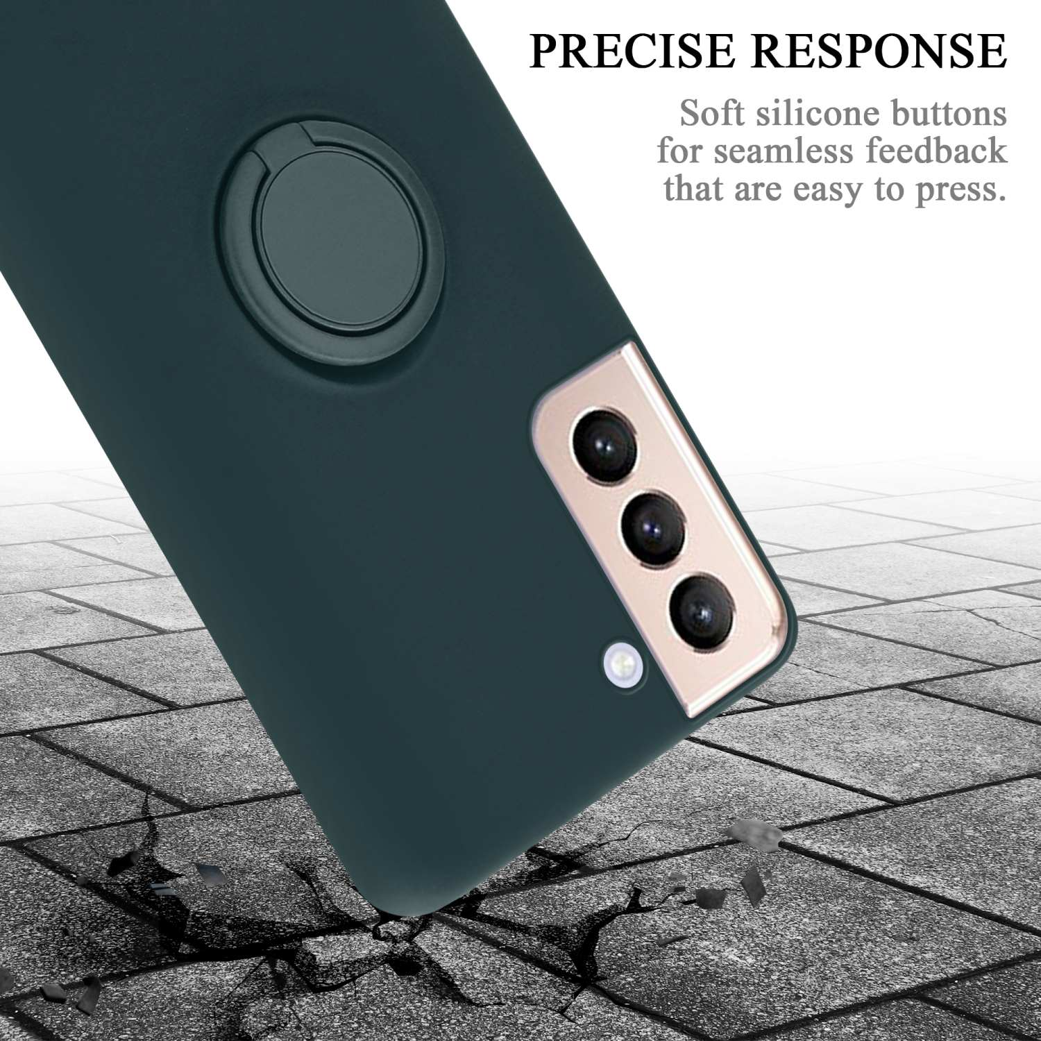 Custodia per telefono verde scuro con anello, angolata su superficie grigia crepata, con testo.