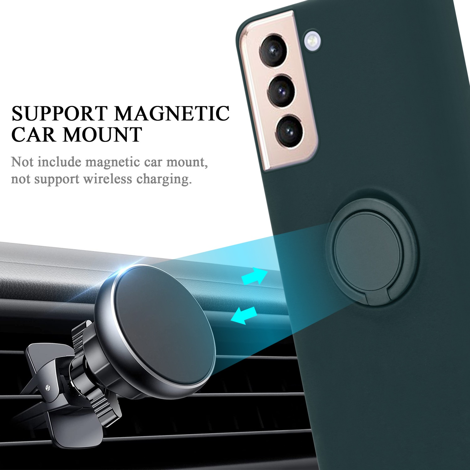 Custodia per telefono verde con telefono collegato. Supporto magnetico per auto con frecce blu verso il telefono.