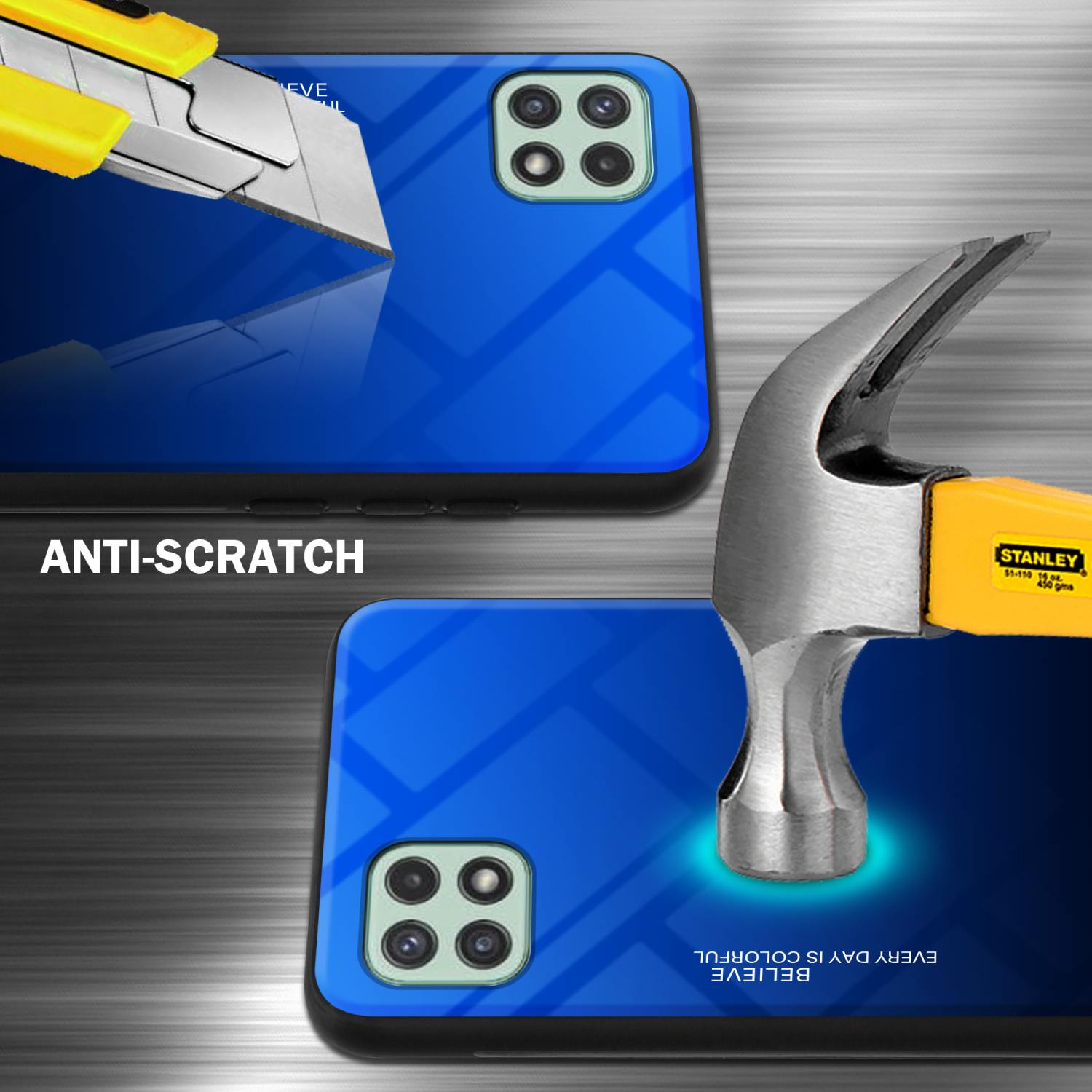 Custodia blu con martello che la colpisce. Cutter giallo sopra. Testo: Antigraffio, Credi che ogni giorno sia colorato.