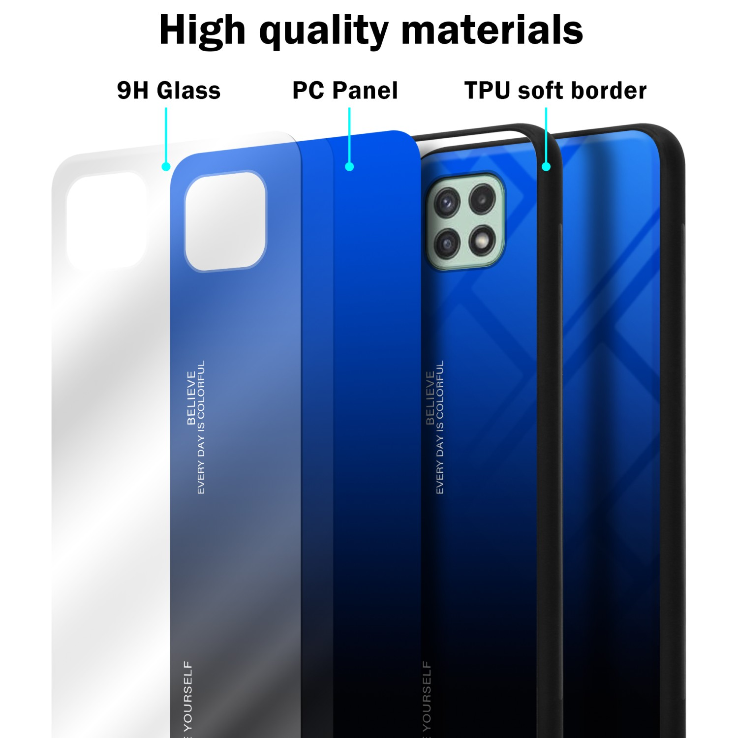 Strati della custodia del telefono: Vetro 9H, Pannello PC, bordo morbido in TPU. Testo: Materiali di alta qualità.