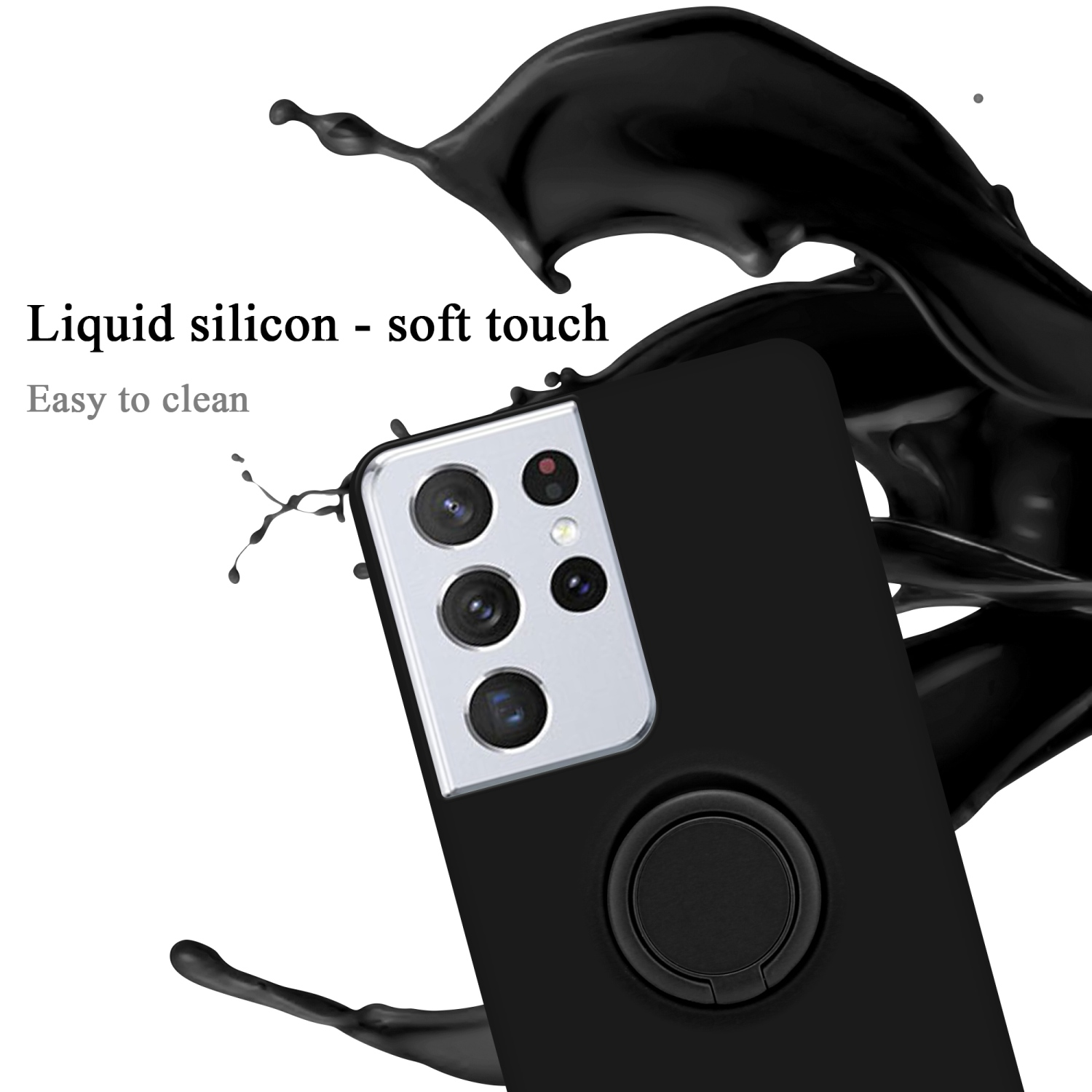 Eine schwarze Handyhülle mit Ringhalter. Schwarze Flüssigkeitsspritzer, der Text sagt, es ist leicht zu reinigen.