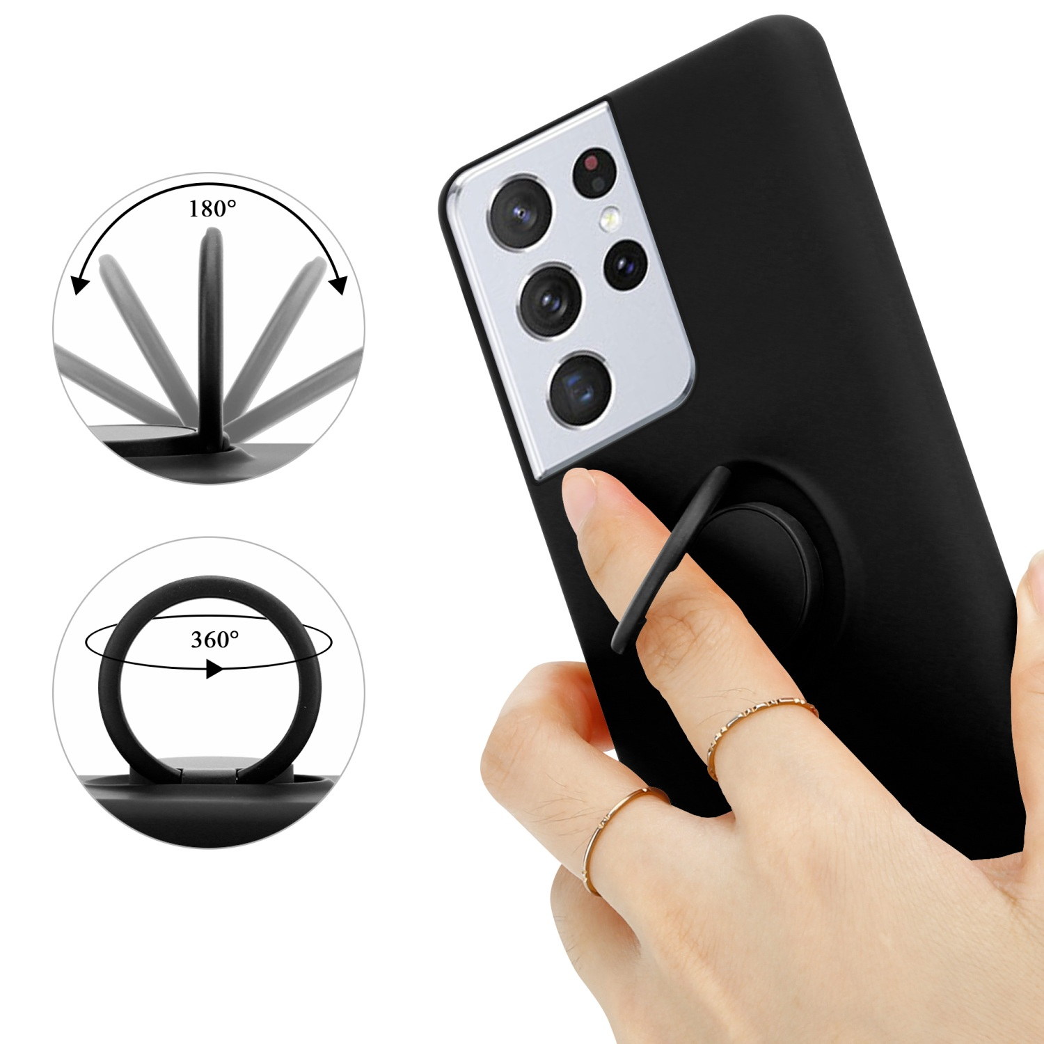 Eine Hand, die ein schwarzes Telefon mit einem Ringhalter hält. Diagramme zeigen die Drehung des Rings.