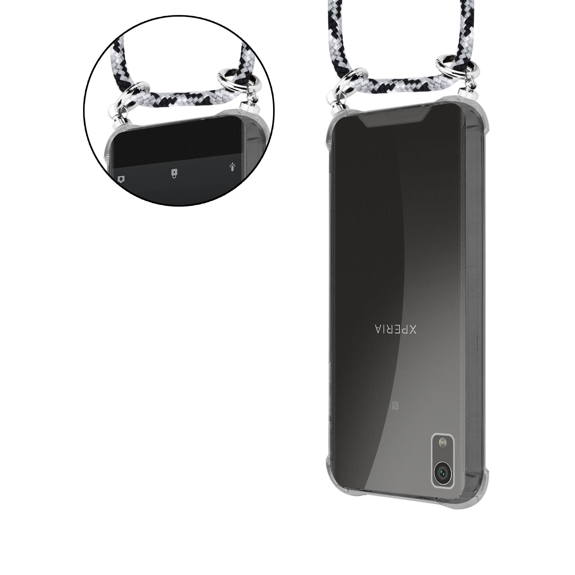 Telefon in einer transparenten Hülle mit Lanyard. Das Lanyard ist schwarz und weiß.