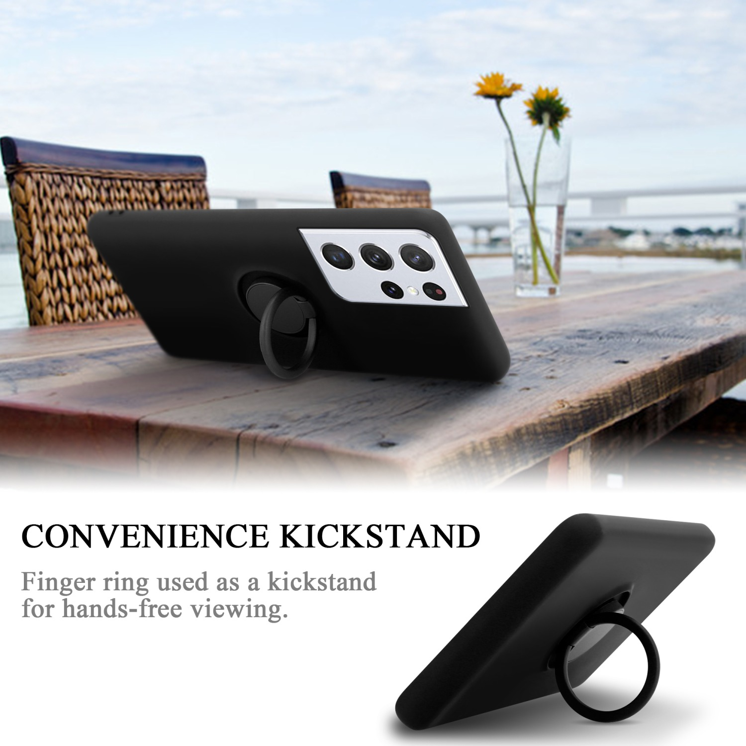 Schwarze Handyhülle mit Ring. Das Telefon liegt auf einem Holztisch.
