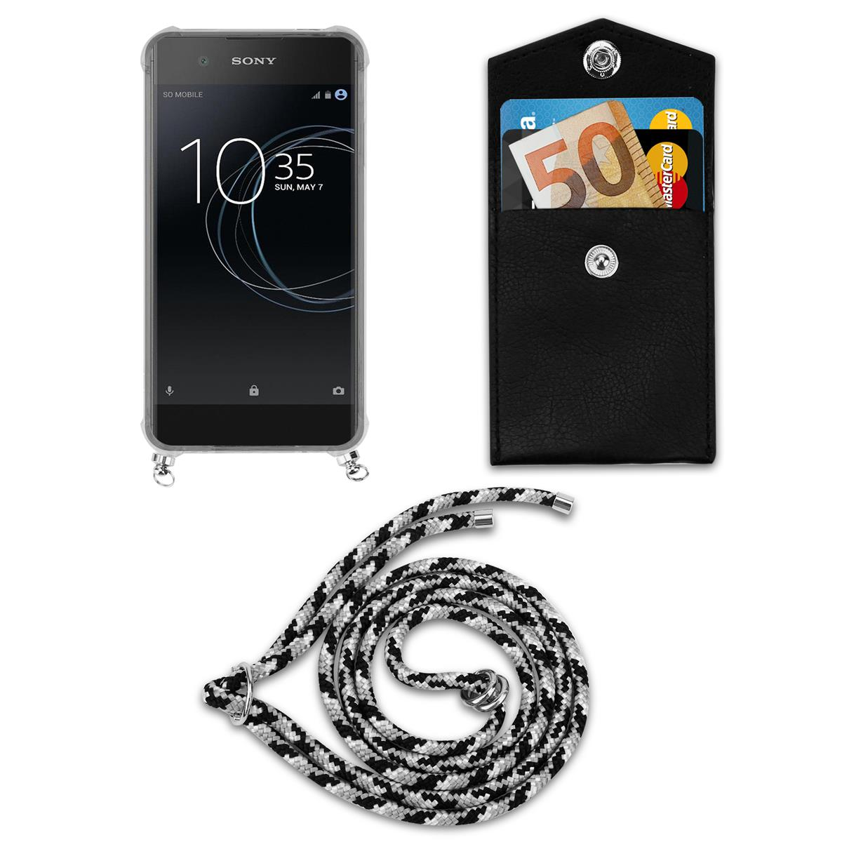 Ein Telefon mit Schlüsselband und schwarzer Lederhülle mit Karten und Geld darin.