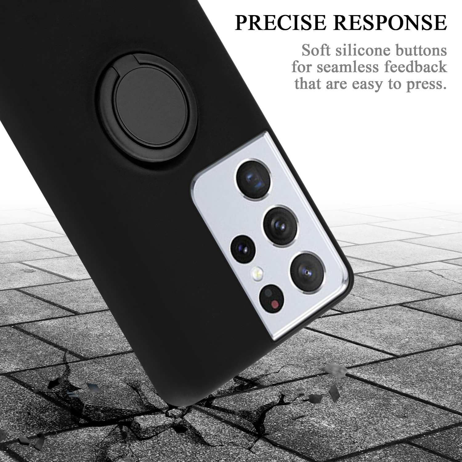 Schwarze Handyhülle mit Kameradetails. Text: „Präzise Reaktion“. Hülle ist auf strukturierter Oberfläche angewinkelt.
