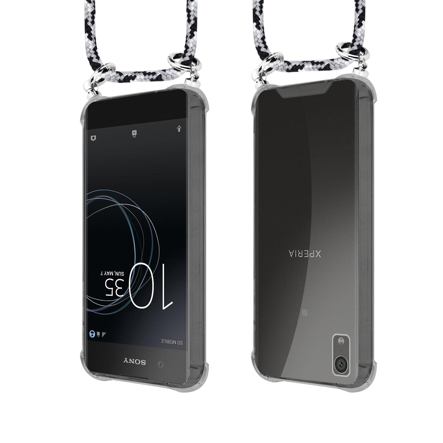 Telefon in klarer Hülle mit Lanyard. Das Lanyard ist schwarz und weiß.