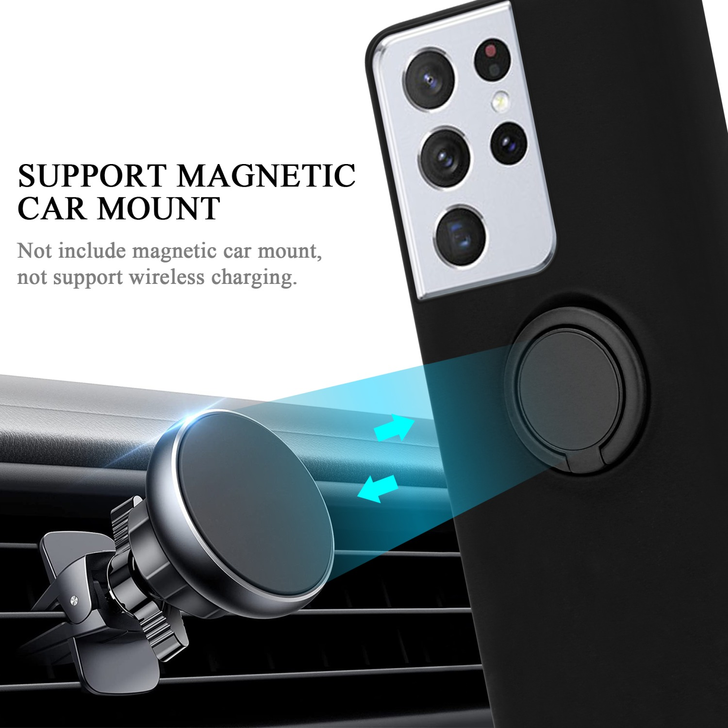 Eine Handyhülle mit magnetischer Autohalterung, Nahaufnahme der Handykamera.