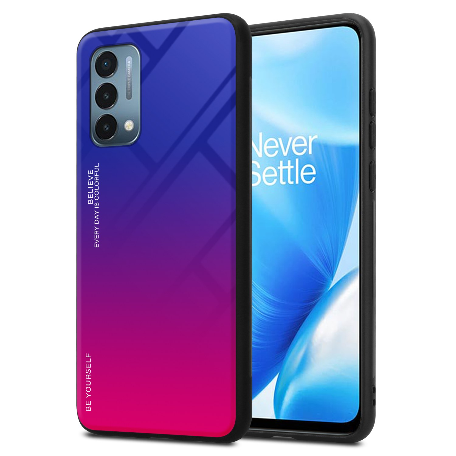 Telefon in einer Hülle, blau-violetter Farbverlauf. Der Hintergrund ist weiß.