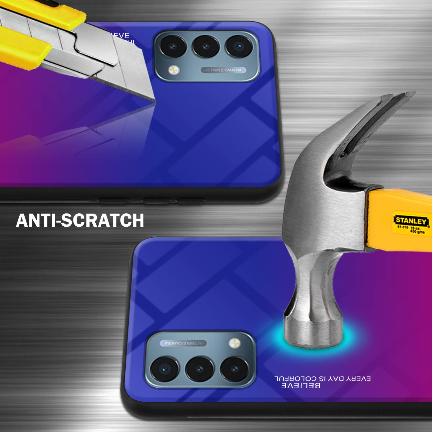 Handyhülle mit blau-violettem Farbverlauf. Ein Messer und ein Hammer schlagen auf die Hülle. Text: Kratzfest.
