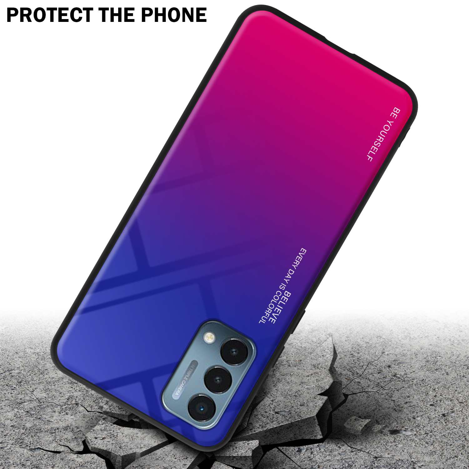 Telefon mit Farbverlaufshülle, auf rissigem Boden platziert, schräge Ansicht.
