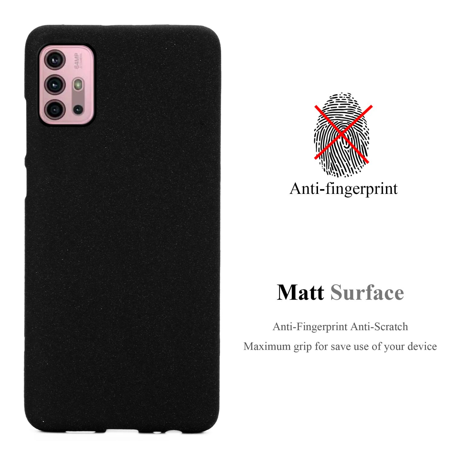 Custodia nera con fotocamera rosa e testo anti-impronta. La custodia ha una superficie opaca.