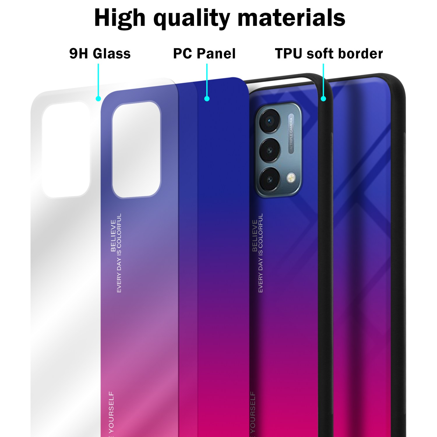 Nahaufnahme von Handyhüllen-Schichten: 9H-Glas, PC-Panel (Blau bis Pink) und TPU-Rahmen.