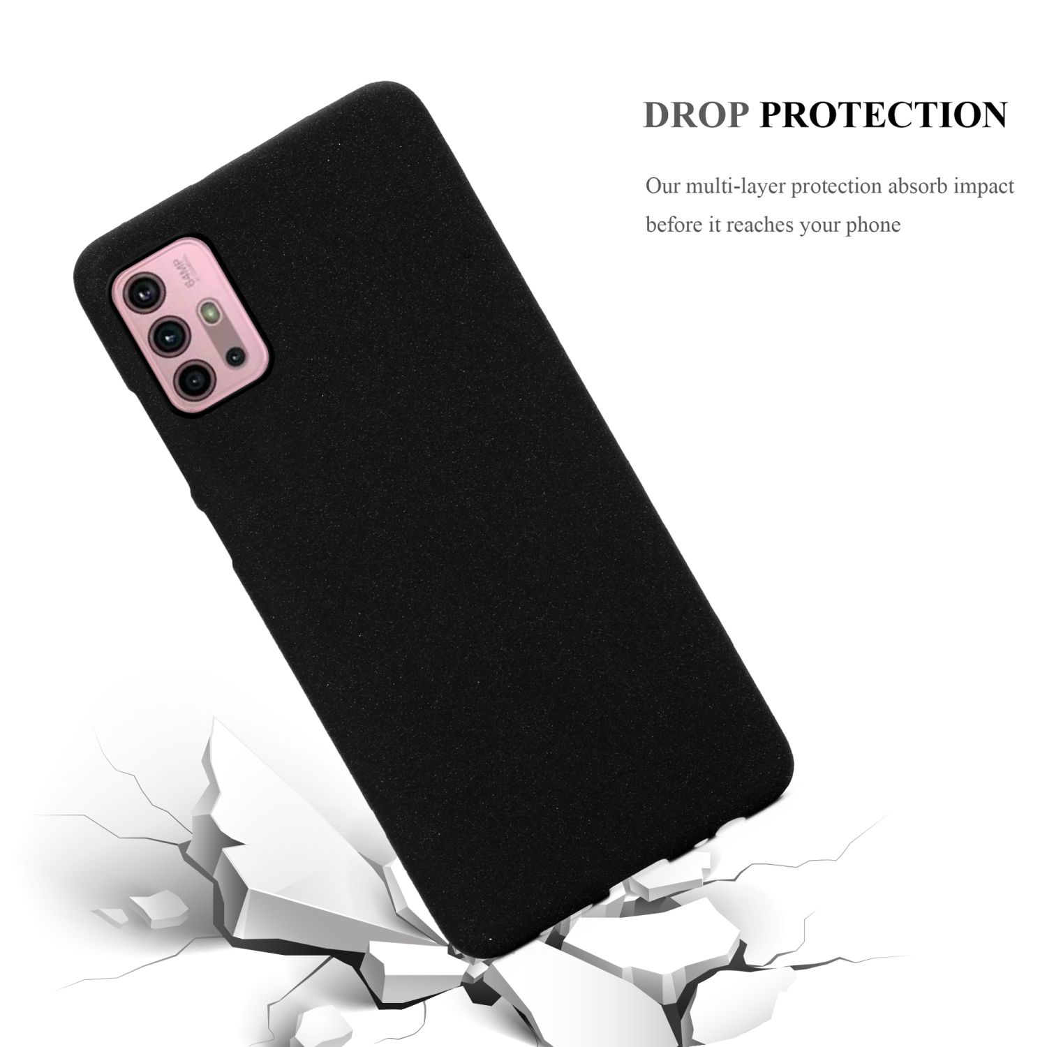 Una custodia per telefono nera con un telefono nero all'interno. "DROP PROTECTION" sopra e una superficie incrinata sotto.