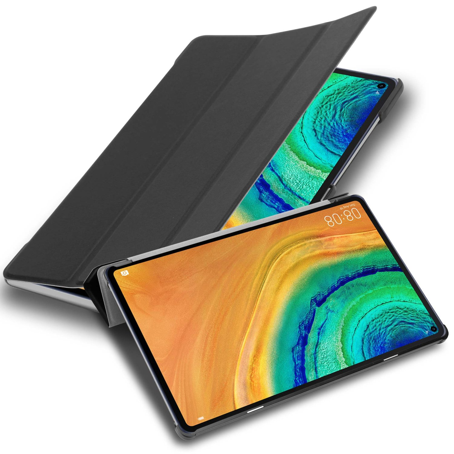 Custodia nera per tablet. Il tablet è dentro e aperto.