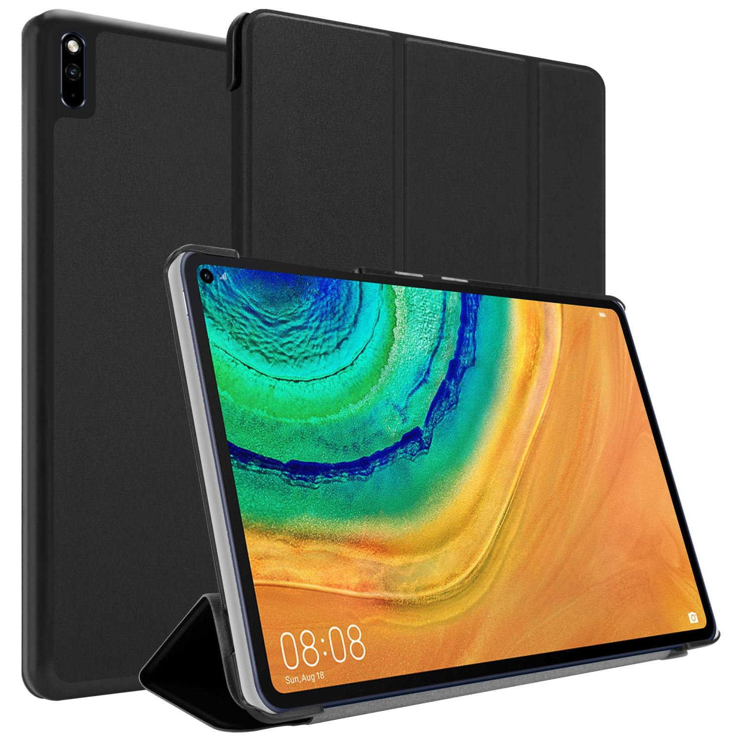 Custodia nera per tablet con tablet all'interno. Lo schermo mostra uno sfondo colorato.