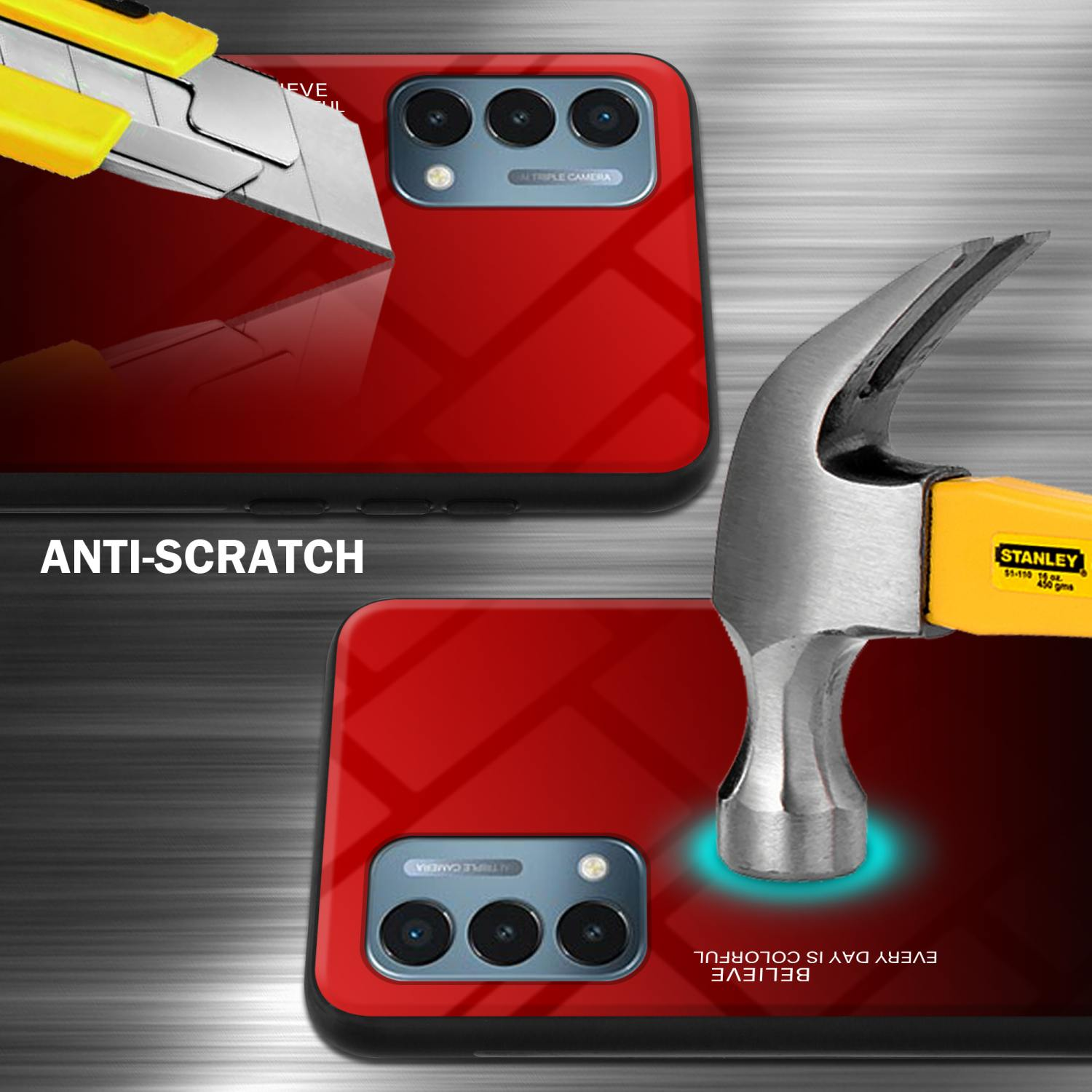 Zwei Telefone mit roten Rückseiten werden mit einem Cutter und einem Hammer auf Kratzfestigkeit getestet.