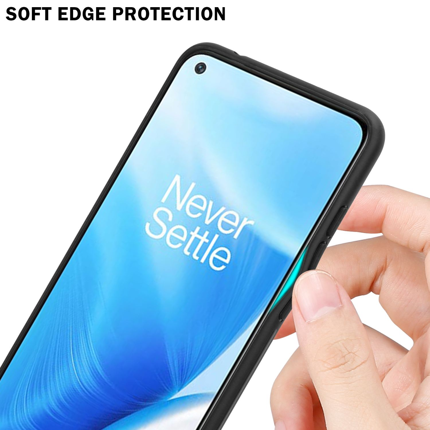 Telefon von einer Hand gehalten. Text: Soft Edge Protection. Handyhülle ist schwarz.