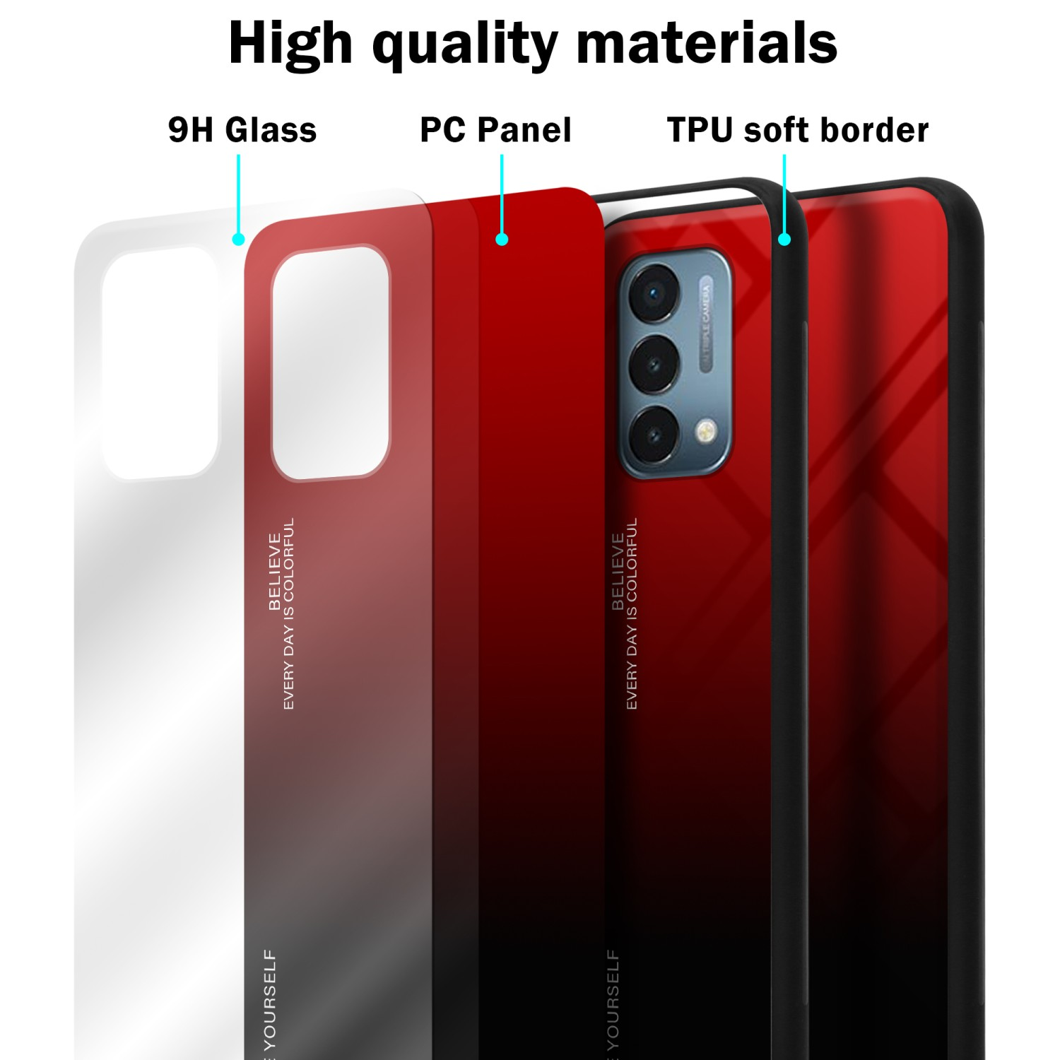 Handyhüllen-Schichten: 9H Glas, PC-Panel und TPU-Soft-Border. Die Handyhülle ist schwarz und rot.